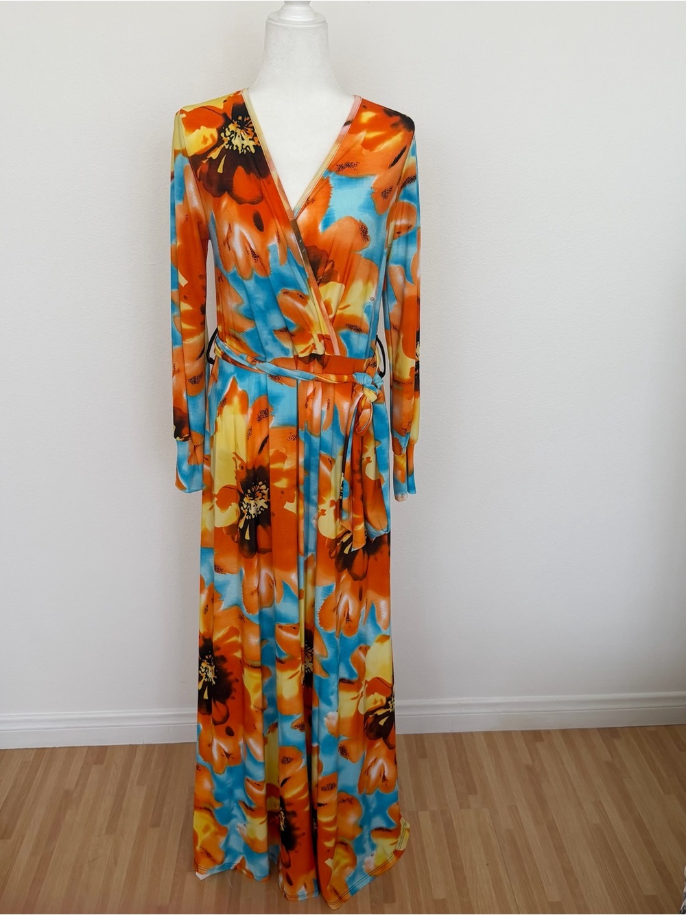 American Twist Floral Long Sleeve Faux Wrap Maxi Dress Vibrant Orange Blue XL